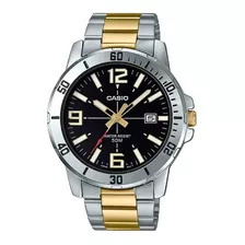 Reloj De Pulsera Casio Dress Mtp-vd01d-1bvudf De Cuerpo Color Plateado, Analógico, Para Hombre, Fondo Negro, Con Correa De Acero Inoxidable Color Plateado Y Oro, Agujas Color Dorado, Blanco Y Rojo, Di