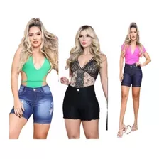 Kit 2 Shorts Bermuda Jeans Feminina Com Lycra Cintura Alta