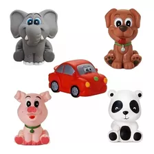 Kit 5 Brinquedos Vinil P/ Bebê Panda Porco Cão Carro Elefant