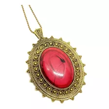 Colar Vintage Retro Longo Pedra Âmbar Vermelho Ouro Velho