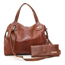 Bolsa Feminina Grande Couro Legitimo Croco+ Carteira