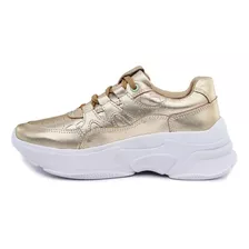 Tênis Feminino Casual Básico Sneaker Chunky Couro Ouro Light