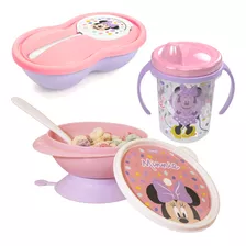 Kit Baby Minnie Tigela Com Ventosa Pote Papinha Caneca Trio