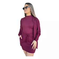 Cardigan + Blusa Suéde Feminino Casaco Sobretudo Aveludado