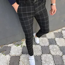 Calça Social Masculina E, Xadrez, Frente Plana, Skinny, Negó