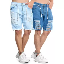 Kit Bermuda Masculina Jeans Sarja Short Rasgado Skinny Lindo