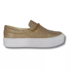 Tenis Slip On Correntinha Dourada Casual Feminino Plataforma