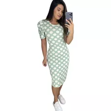 Vestido Tubinho Midi Suplex Em Poá Manga Bufante - Andiane 