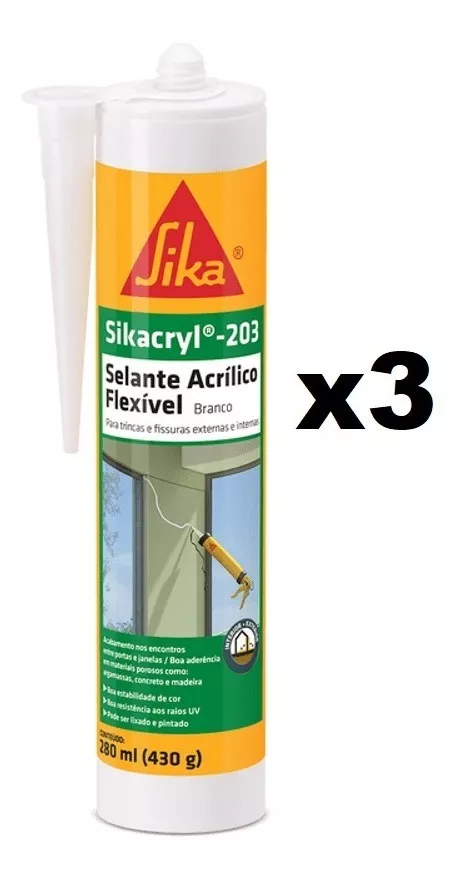 Sikacryl 203 - Selante Acrílico Trincas Fissuras 430g - Kit3
