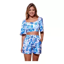 Conjunto Cropped Bojo Com Amarração E Short Crepinho Verão