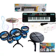 Kit Musical Infantil Mini Bateria Com Banquinho + Teclado 