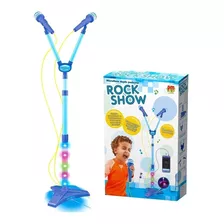 Microfone Infantil Musical Duplo C Luz Na Base Infantil Azul