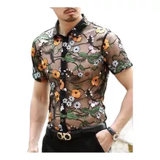 Camisas De Malla Transparente Para Hombre, Bordado Floral Vi