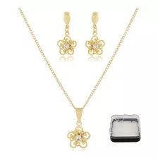 Conjunto Colar E Brinco Flor Com Pedra Banhado A Ouro 18k