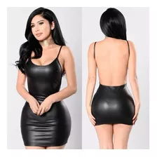 Vestido Mini Elastizado De Cuero Engomado Espalda Desnuda