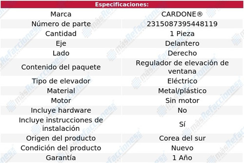 Elevador Vidrio Elect Del Der Cardone Para Hyundai Xg300 01 Foto 5