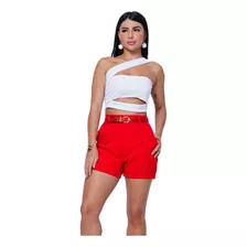 Short Alfaiataria Shortinho Bolsos Cinto Com Brilho Feminino