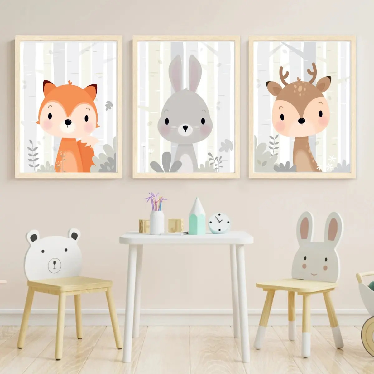 Set X3 Cuadros 33x43 Completos - Animalitos Bosque Gris Nene Set Bosque Gris Madera Natural