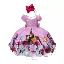 Vestido Temático Masha E Urso Rosa Com Bolinhas Brancas Luxo