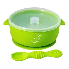 Bowl/tazón Grande Papubaby Con Tapa Y Cuchara De Silicón Color Verde Bowl Con Succion