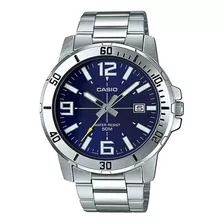 Reloj Casio Hombre Mtp-vd01d, 50m, Fechador, Color Del Fondo Azul Color De La Correa Plateado Color Del Bisel Plateado