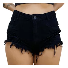 Shorts Jeans Preto Feminino Cintura Alta Desfiado St007