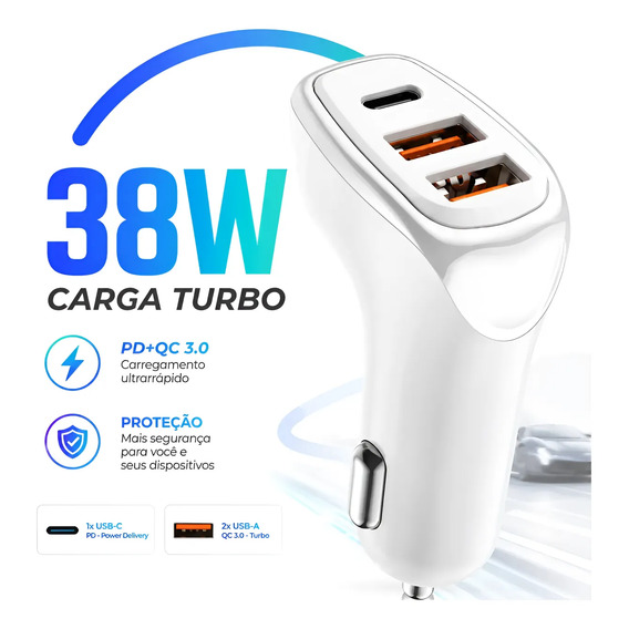 Carregador Veicular Kaidi 38w 2usb Pd Qc3.0 Turbo Branco
