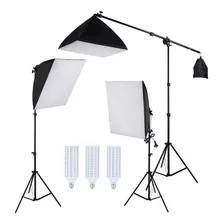 Kit Iluminação Estúdio Led 3x60w Softbox 60x60cm Com Girafa