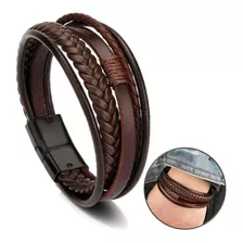 Pulseira Masculina Executiva Tiras Tribal Couro Fecho De Imã