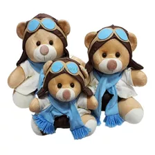 Urso Aviador De Pelúcia Detalhe Azul Trio De Ursinho Para Nicho 15 18 E 22cm Quarto De Bebê Menino