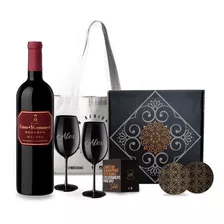 Box Vino Fabre Malbec Reserva Copas Negras Grabadas Estuche 