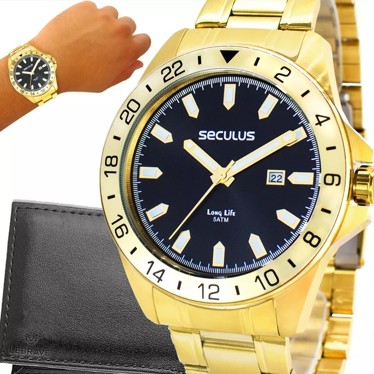 Relógio Masculino Seculus Dourado Original 1 Ano De Garantia