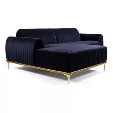 Sofá 3 Lugares Com Chaise Sala Molino Veludo Azul 245cm B287 Cor Azul-escuro Desenho Do Tecido Liso