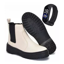 Bota Coturno Feminino Chelsea Macio Cano Curto + Relogio