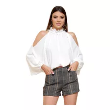 Blusa Gola Alta Feminina Social Cropped Manga Longa Bufante