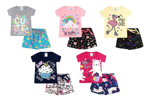 Kit 5 Conjunto Bebê Infantil Menina Camiseta Manga Curta