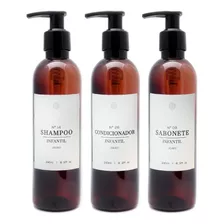 Kit Frascos Âmbar 3pçs Shampoo Cond Infantil Sab 240ml Luxo