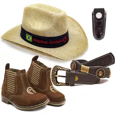 Kit Infantil Botina Cowboy Chapeu Mm Cinto Couro Bainha 