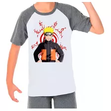 Camiseta Raglan Infantil Cinza Branca Desenho Naruto Anime01
