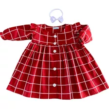 Roupa Bebe Menina Xadrez Manga Longa Com Tiara 100% Algodão