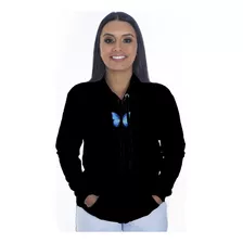 Blusa De Frio Estampa Borboleta Azul Moletom Flanelado