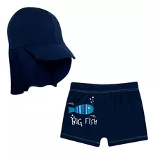 Conjunto Banho Bebê Peixinho: Boné + Shorts Fps +50 Tip Top