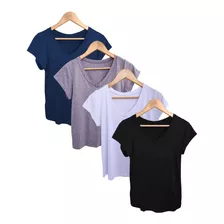 Kit 4 Blusa Camiseta Feminina Gola V Babylook Básica Lisa