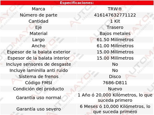 Balatas Bajos Metales Traseras Trw Saab 900 97-98 Foto 2