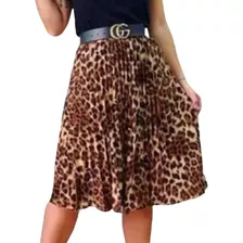 Saia Midi Plissada Moda Animal Print Oncinha Tendencia