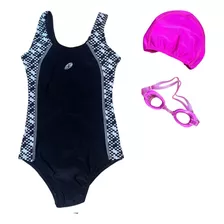 Kit Maiô Lycra Forrado Preto C/ Óculos + Touca Rosa Natação