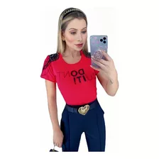 Blusa Tshirt Feminina Bordada Miçangas 