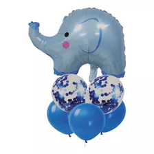 Kit Bexiga Balão Metalizado Elefante Baby Azul Menino 6 Pçs
