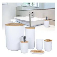 Kit Banheiro Lavabo Escova Lixeira 6 Peças Bambú Premium 