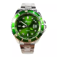 Relógio Masculino Prata Com Fundo Verde Luxo Importado Caixa